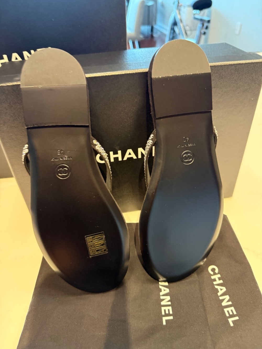 CHANEL Black Suede Crystal-Strap Thong Sandals - Picture 5 of 8